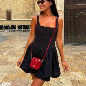 Zara Ruched Corset Dress Black Square Neck V-Waist Size L